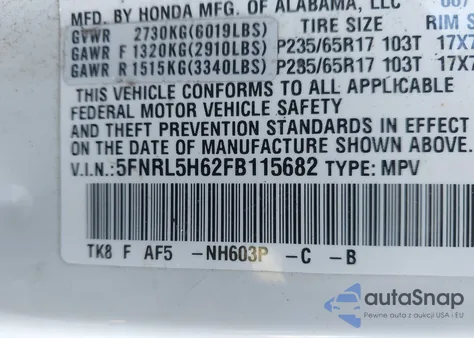 2015 Honda Odyssey Ex-L from USA, damaged, VIN 5FNRL5H62FB115682